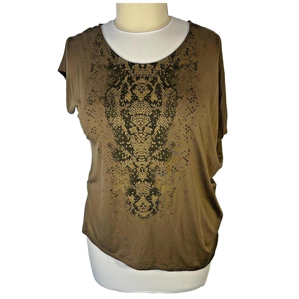 MISS TINA by Tina Knowles Blouse Womens L Oversized Taupe Gold Snake Print Asymm